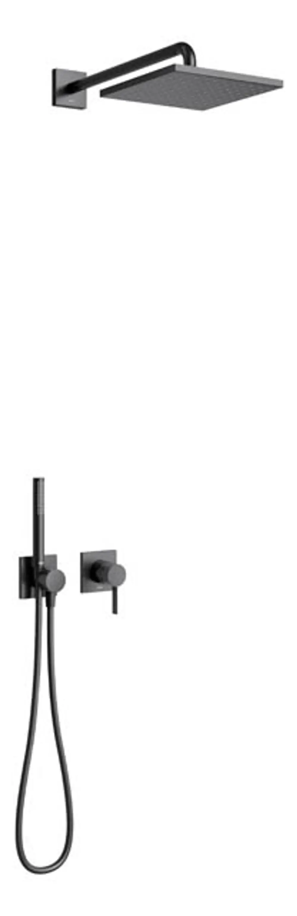 Schwarzes Duschset von Keuco, bestehend aus einer regenduschkopfartigen Oberbrause und einem Handbrause-Set mit Wählhebel für Wasserfluss und Temperatur.